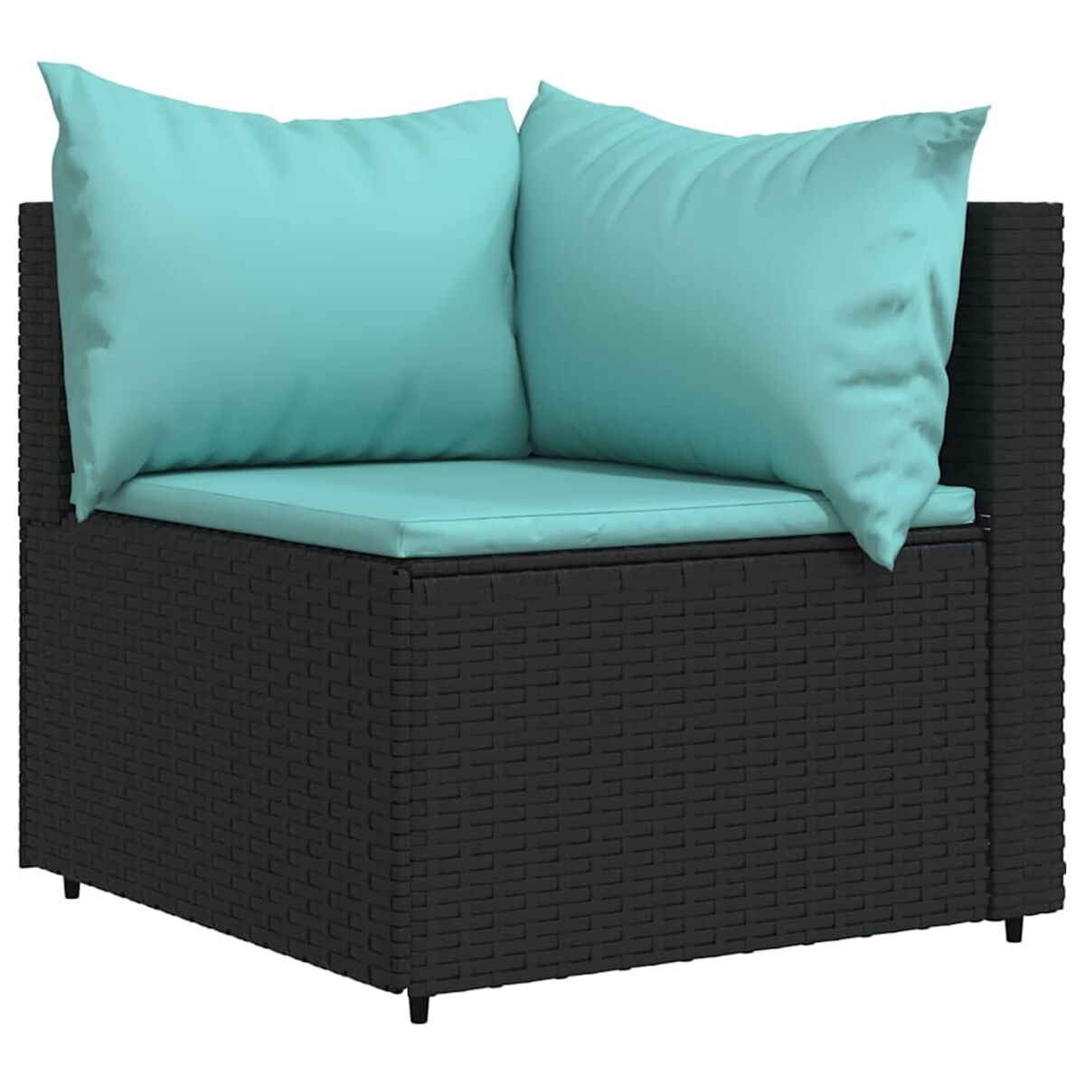 Ecksofa mit schwarzem Korbrand und blauen Kissen. Weißer Hintergrund. Gute Beleuchtung.