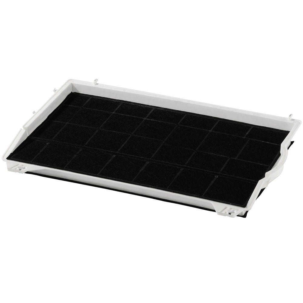 Un filtro nero rettangolare con cornice bianca. Il filtro ha molte fessure parallele.