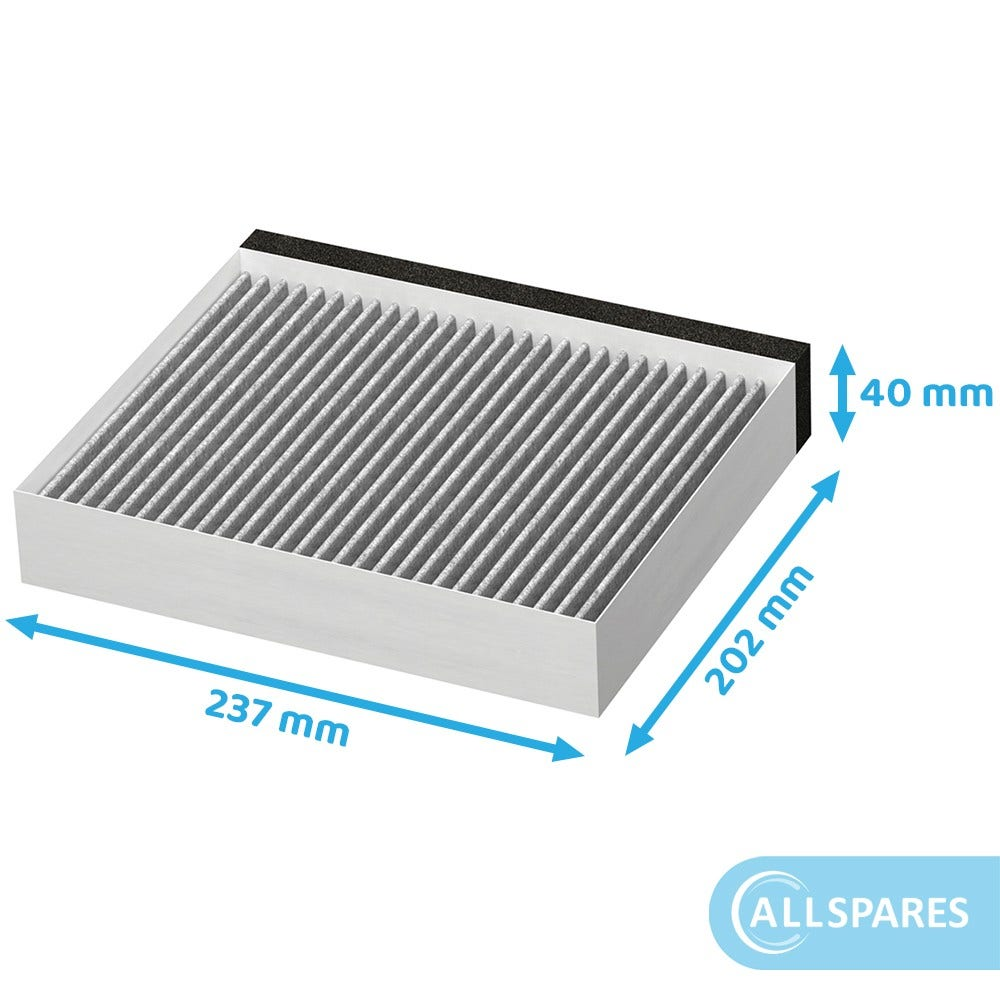 Filtro aria con dimensioni: 237 mm x 202 mm x 40 mm. Cornice bianca, filtro grigio, bordo nero e logo ALLSPARE.