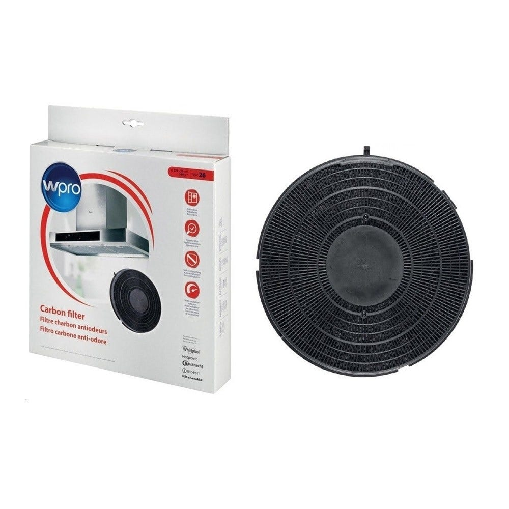 Una scatola di filtro a carbone Wpro con un filtro a carbone rotondo accanto. Testo multilingue.