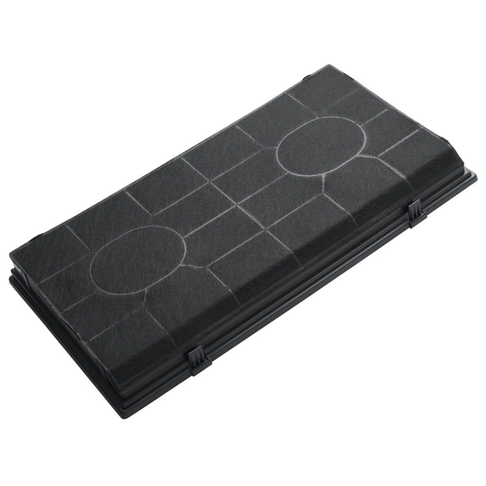 Filtro a carbone rettangolare per cappa da cucina con superficie nera e cornice bianca con linguette.