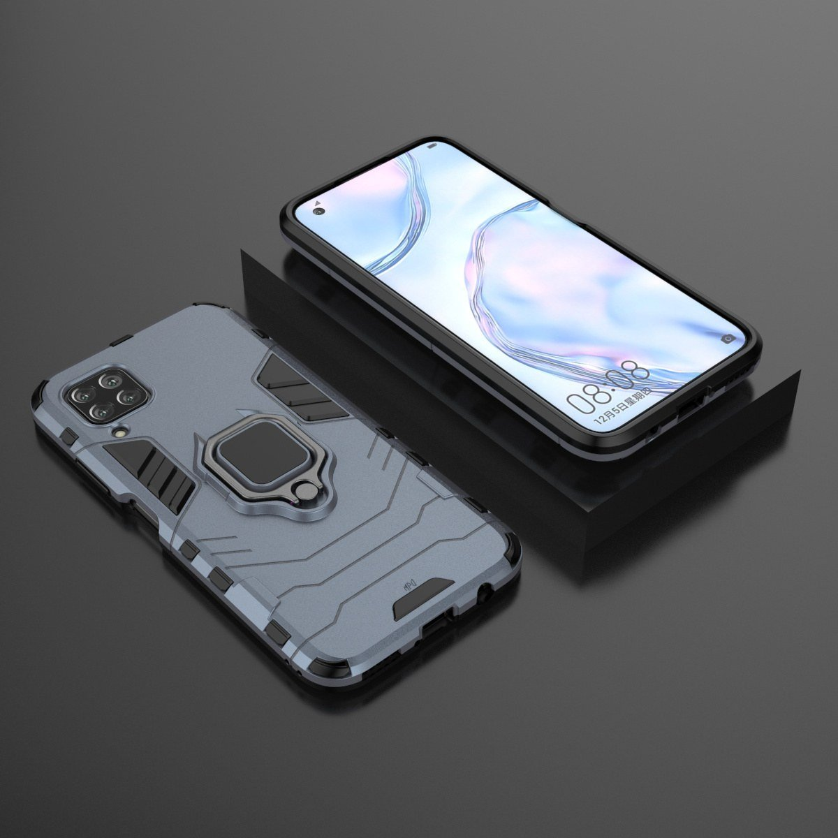 Dos teléfonos con fundas sobre una superficie oscura. Una funda está sobre la superficie, la otra en el aire.