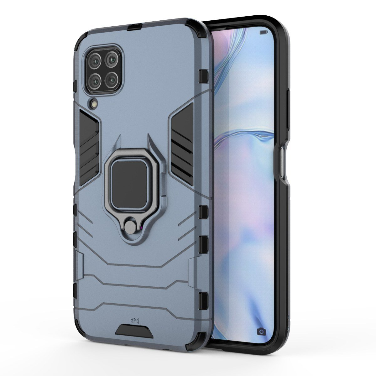 Se muestra una funda azul para teléfono con soporte de anillo, en ángulo hacia la izquierda. La pantalla del teléfono es negra.