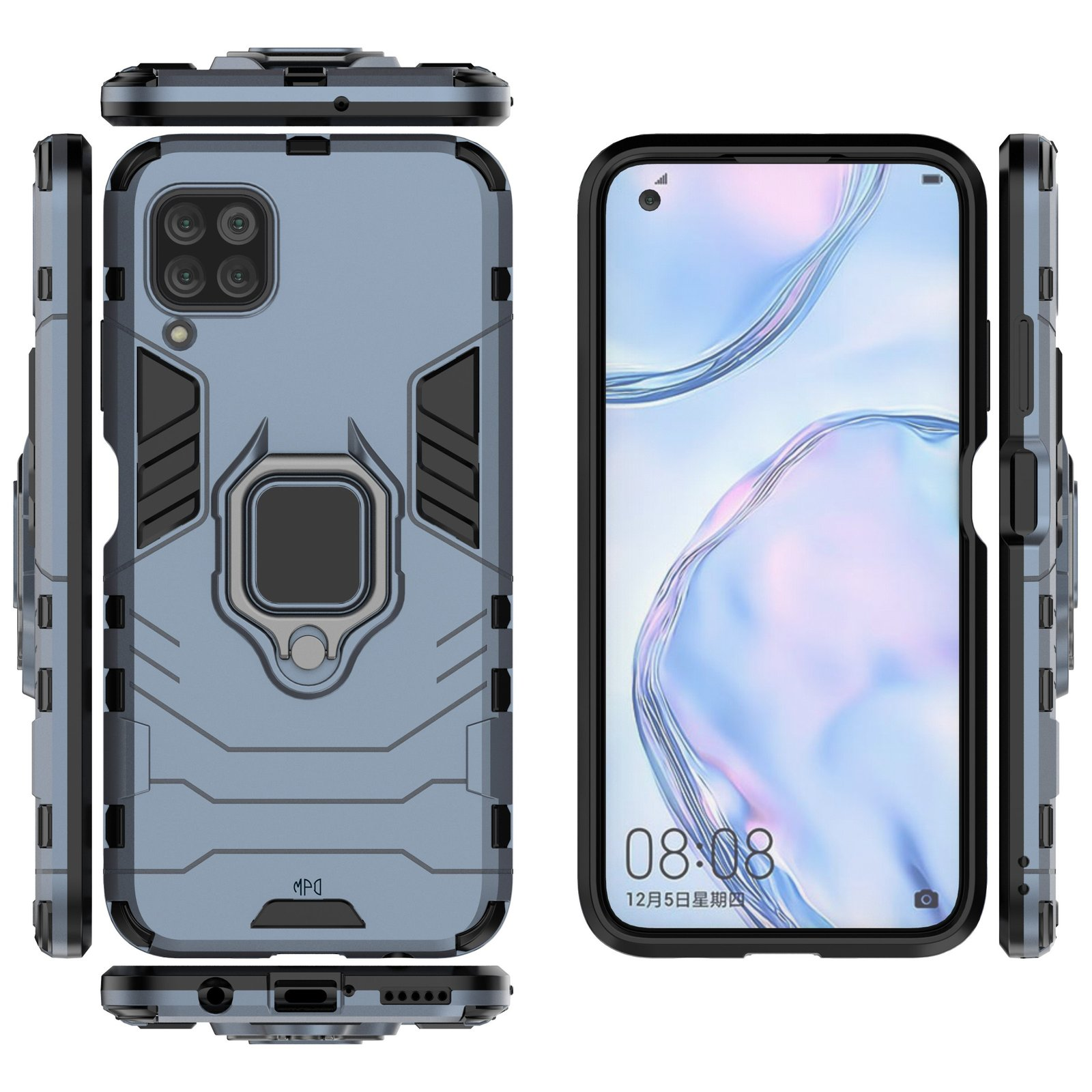 Funda azul para teléfono con detalles negros, soporte de anillo y pantalla del teléfono.