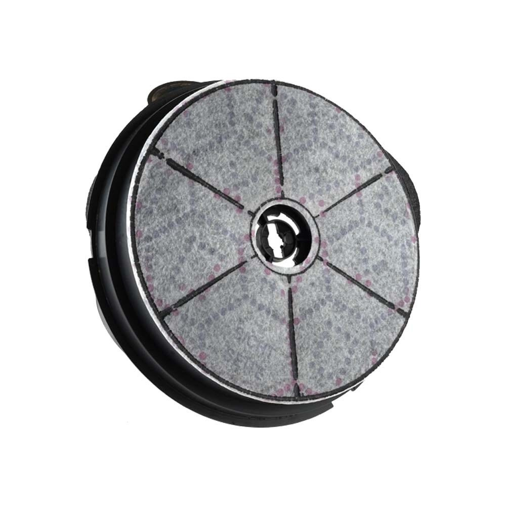 Filtro a carbone rotondo con materiale interno grigio e anello esterno nero.