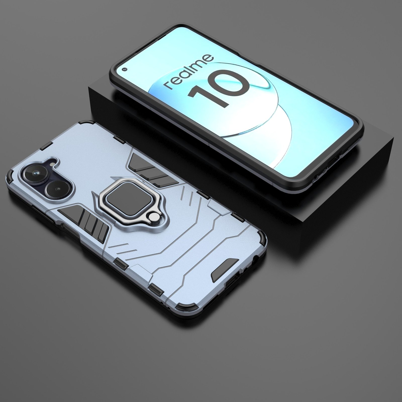 Dos teléfonos con fundas sobre una superficie negra. Uno azul claro, el otro con teléfono.