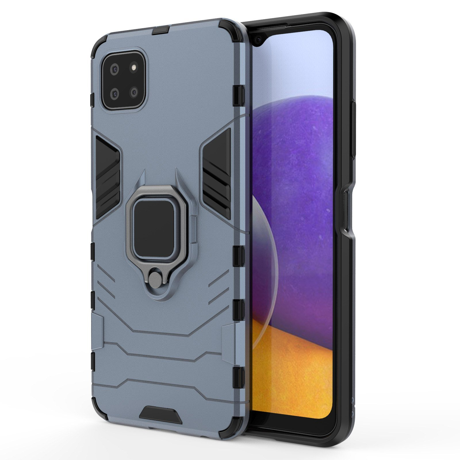 Funda de teléfono azul con soporte de anillo y teléfono mostrando una pantalla. Ambos sobre fondo blanco.