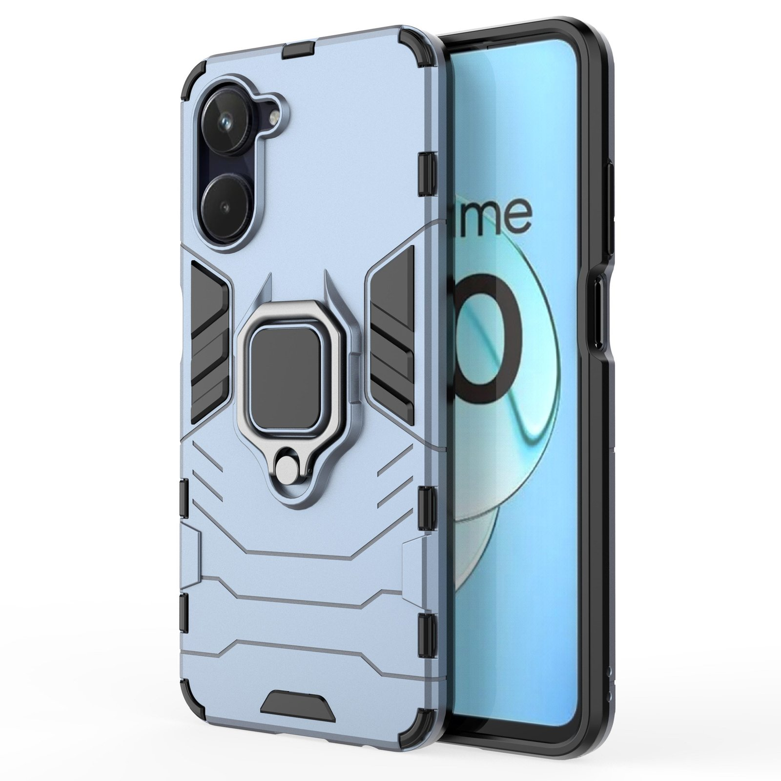 Una funda de teléfono azul claro con soporte de anillo se muestra con un teléfono.