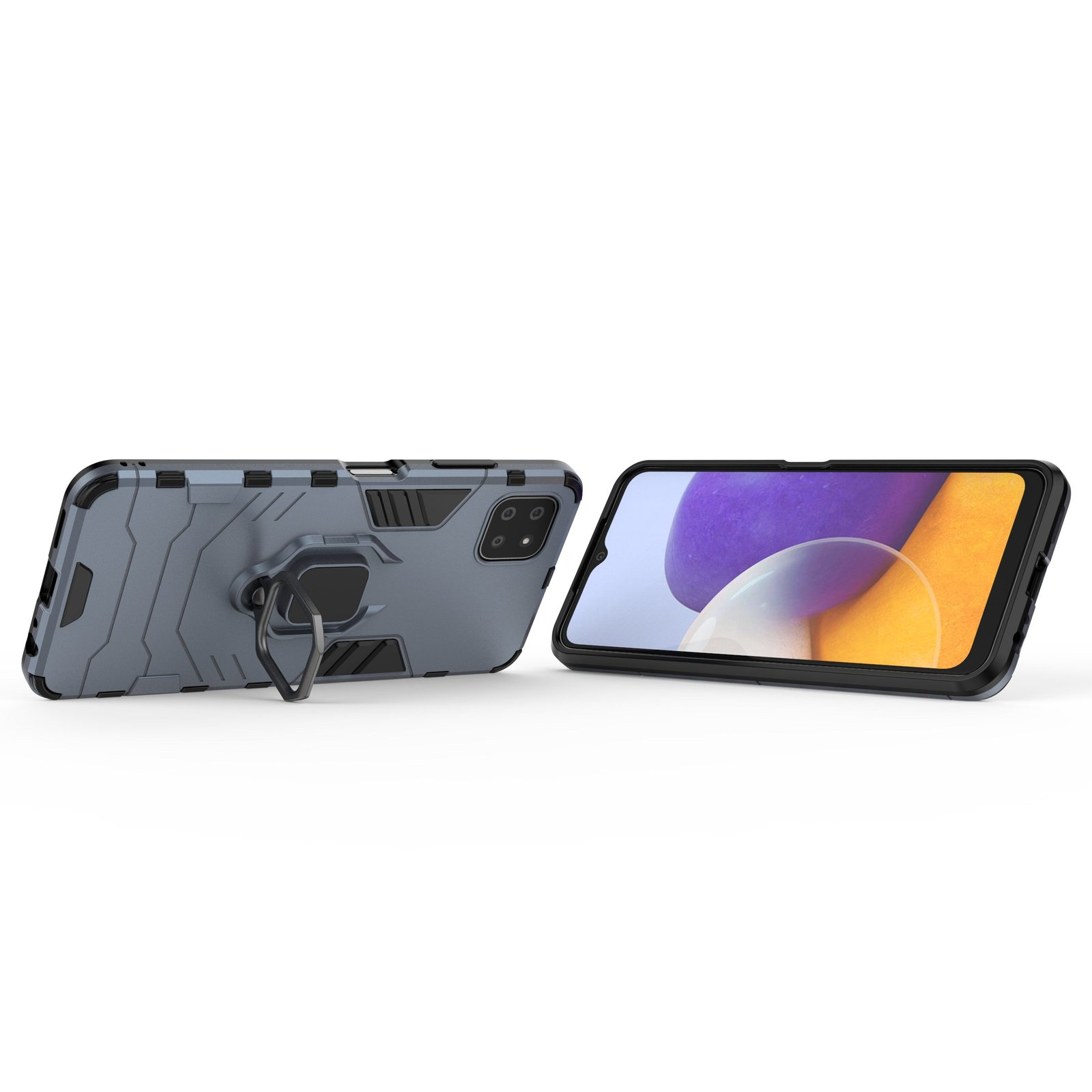 Funda gris con soporte de anillo y teléfono con pantalla morada y blanca.