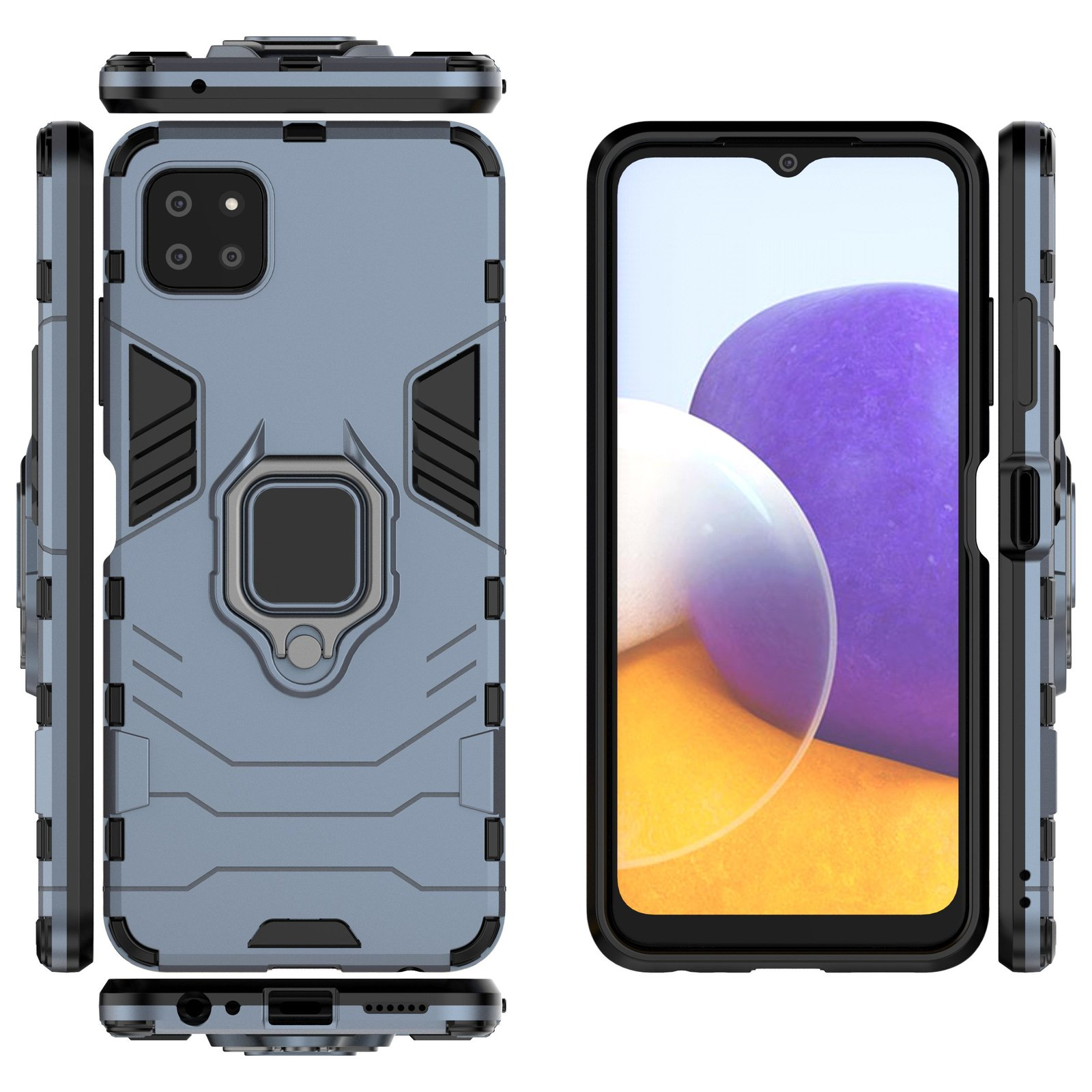 Funda azul para teléfono con soporte de anillo, múltiples ángulos, fondo blanco.
