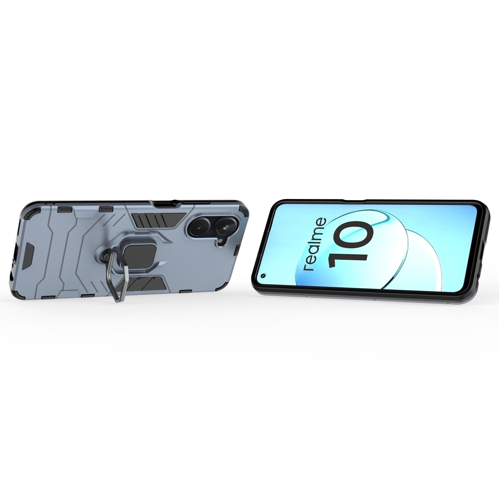 Funda gris para teléfono con soporte de anillo. Teléfono en exhibición.