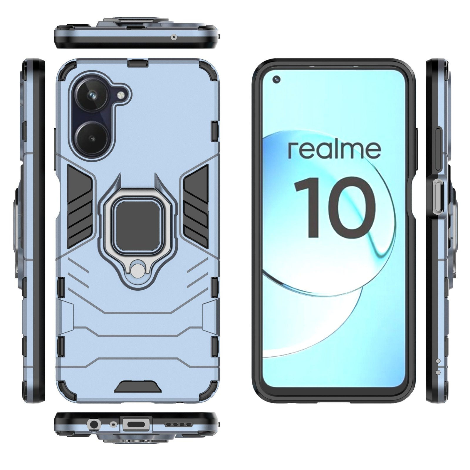 Funda de teléfono azul con soporte de anillo. Teléfono a la derecha con texto realme 10. Fondo azul claro.