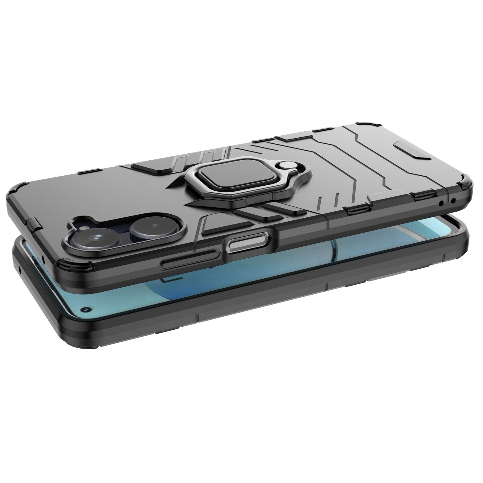 Funda negra con soporte de anillo. El teléfono está encima del teléfono. Fondo negro.