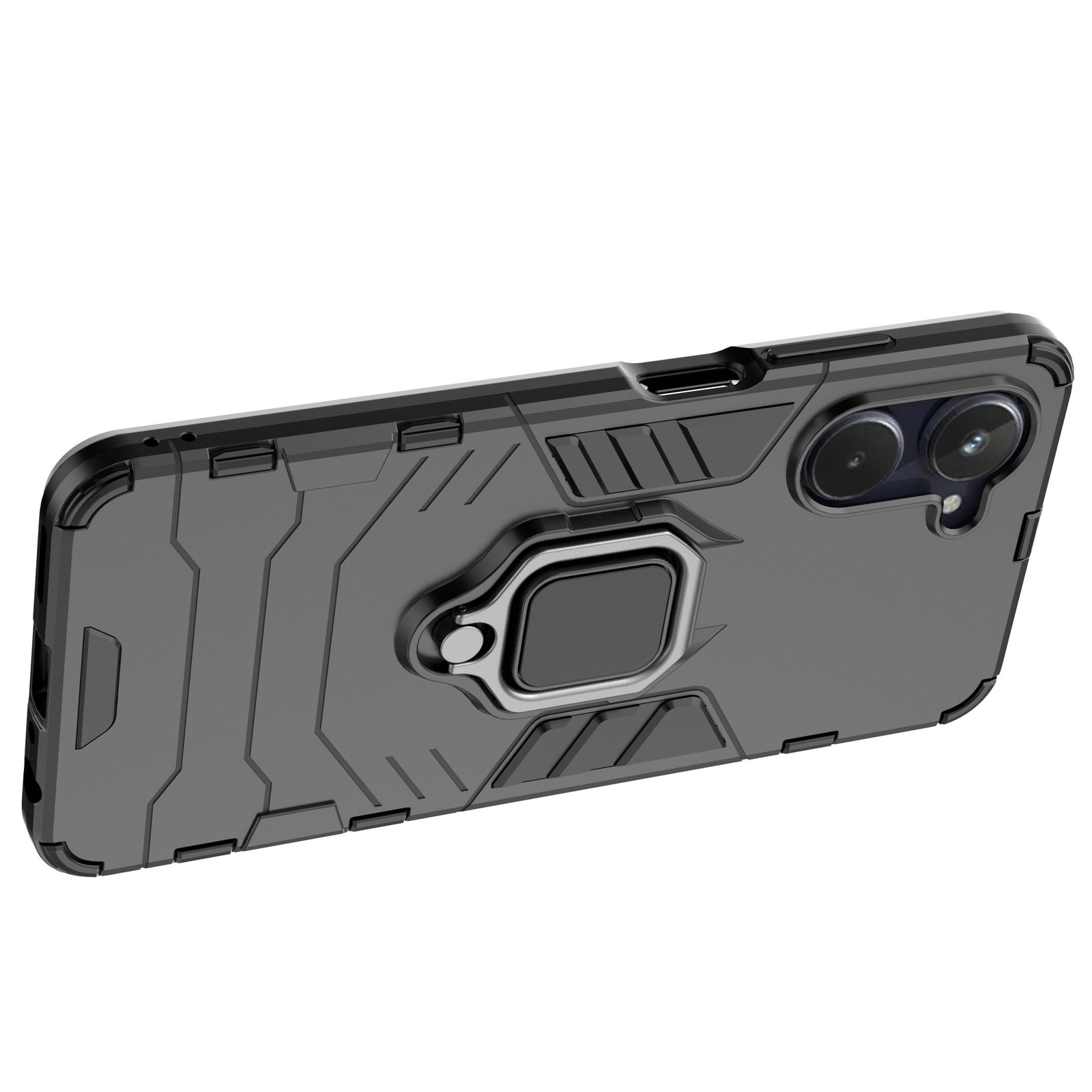 Funda de teléfono gris con soporte de anillo. Teléfono en la funda, vista en ángulo. Fondo blanco.