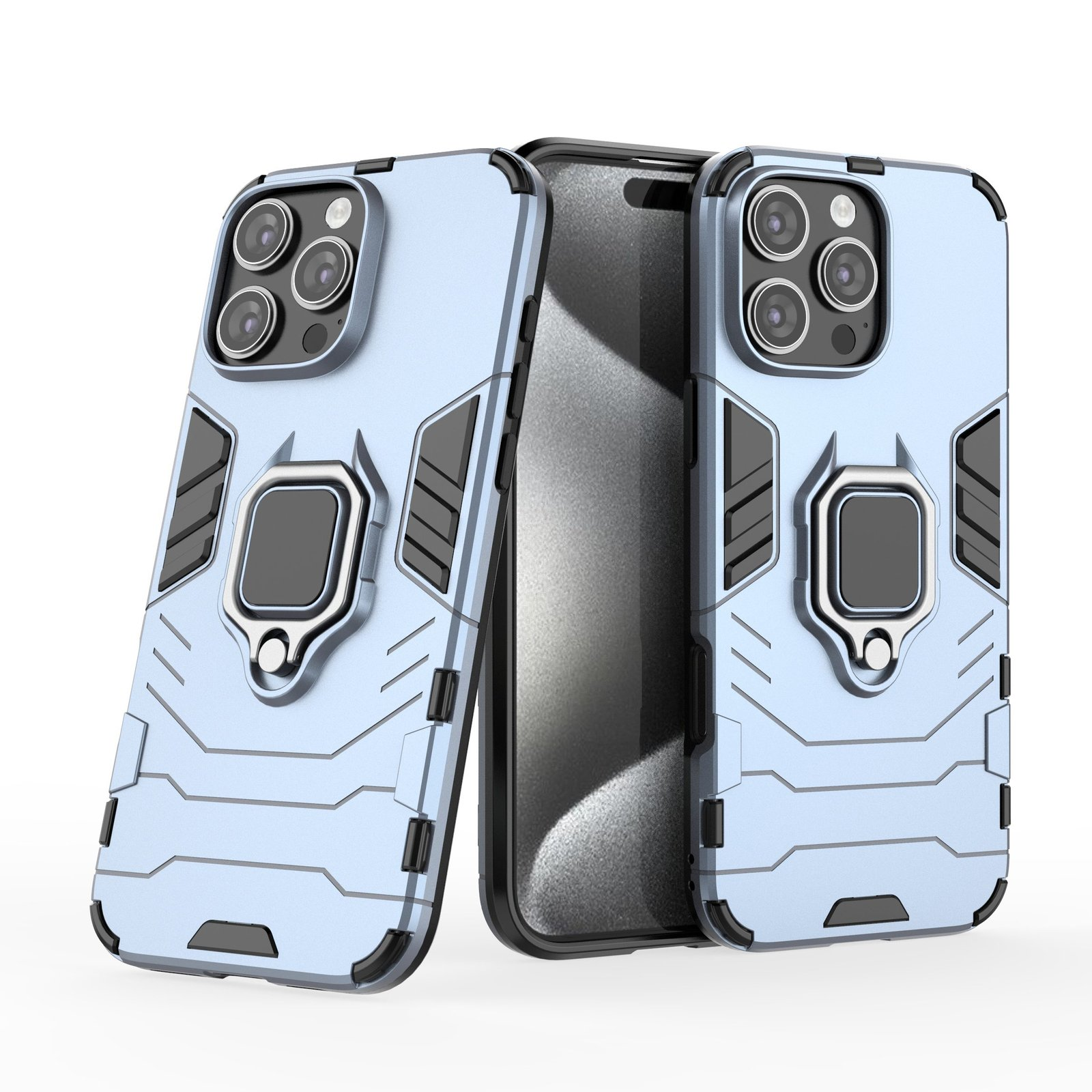 Funda azul para teléfono con soporte para anillos. Hay un teléfono dentro.