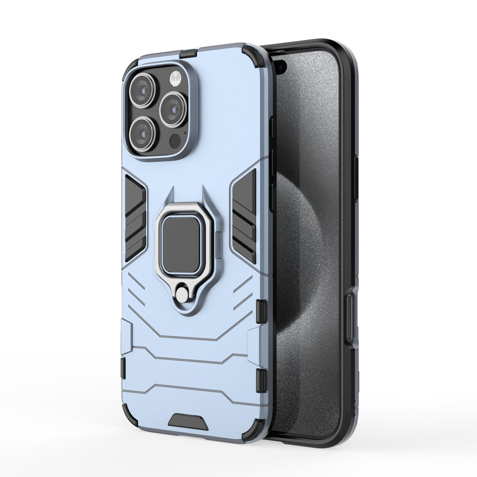 Funda de teléfono azul claro con detalles negros, soporte de anillo y un teléfono.