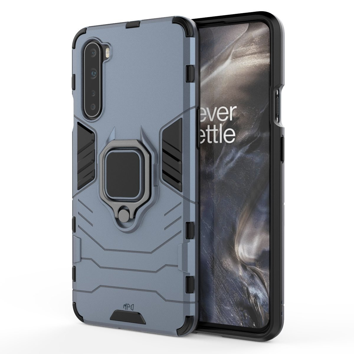 Funda de teléfono azul y negra con soporte de anillo. Tiene un marco negro.