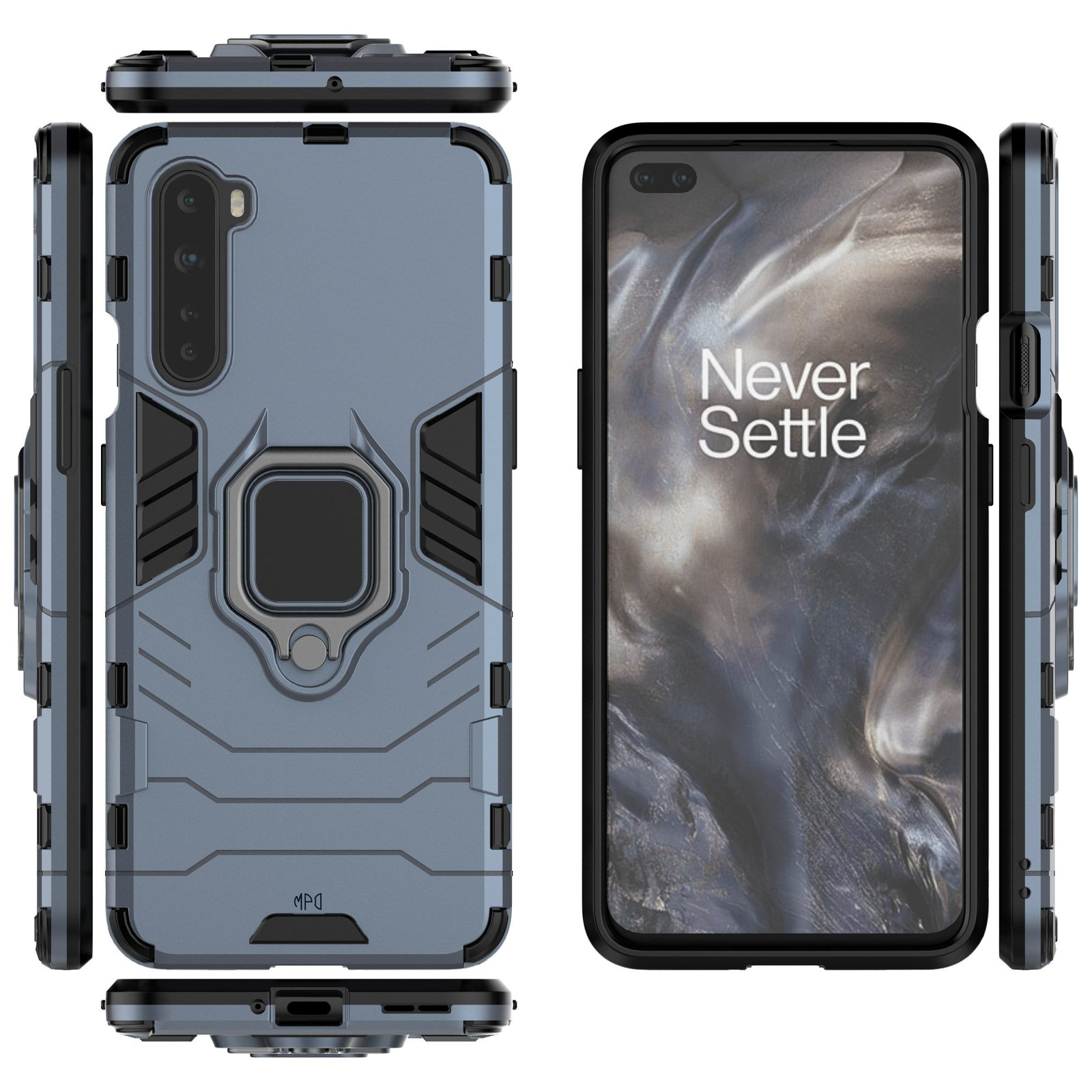 Teléfono con funda azul, pantalla con 'Never Settle'. Vistas lateral y frontal.