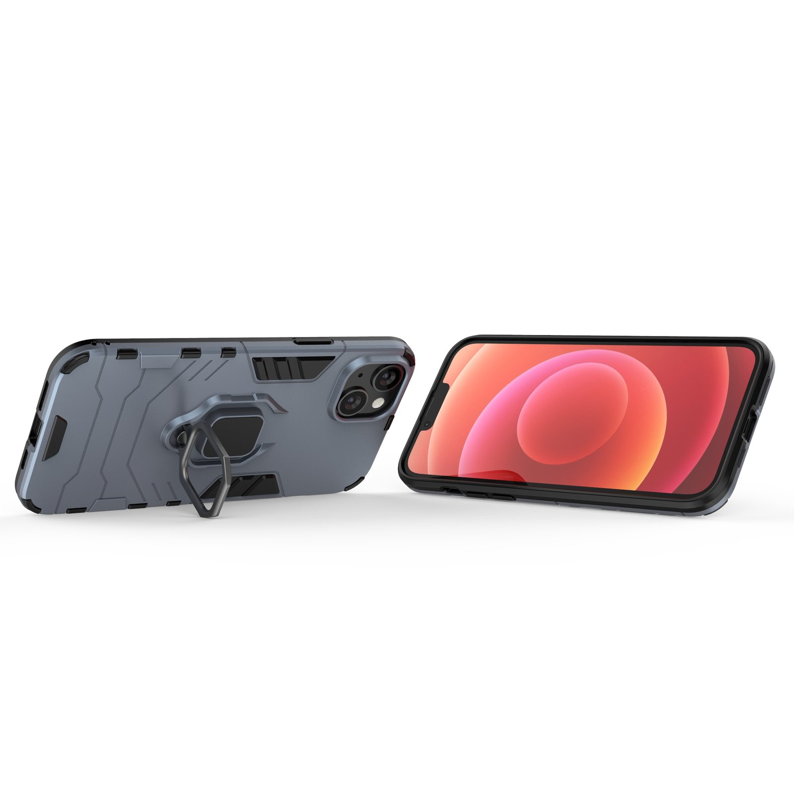 Dos teléfonos celulares con fundas protectoras, uno en posición vertical y otro acostado. Ambos son grises y azules.