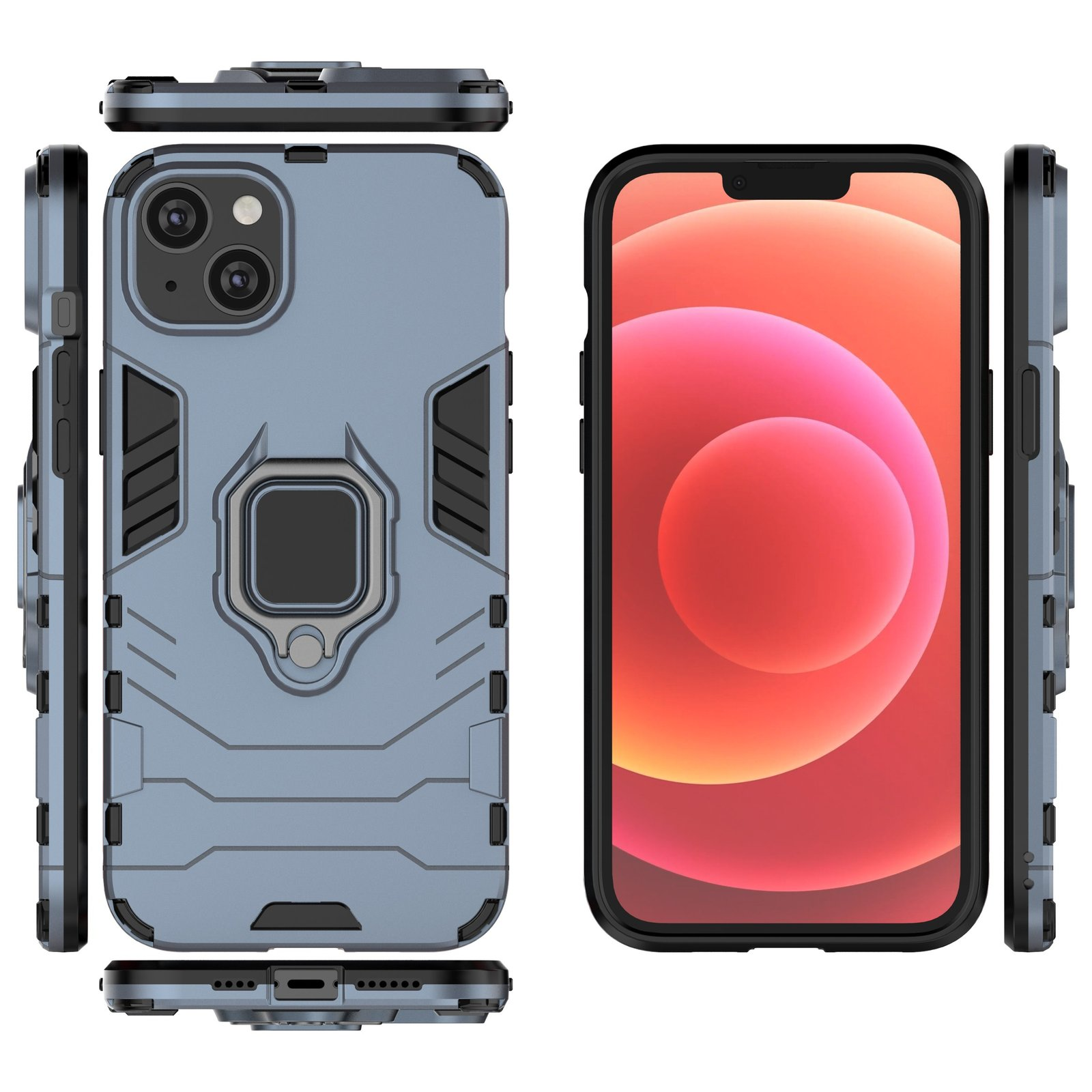 Funda azul con teléfono dentro, se muestran varios ángulos, con soporte de anillo.
