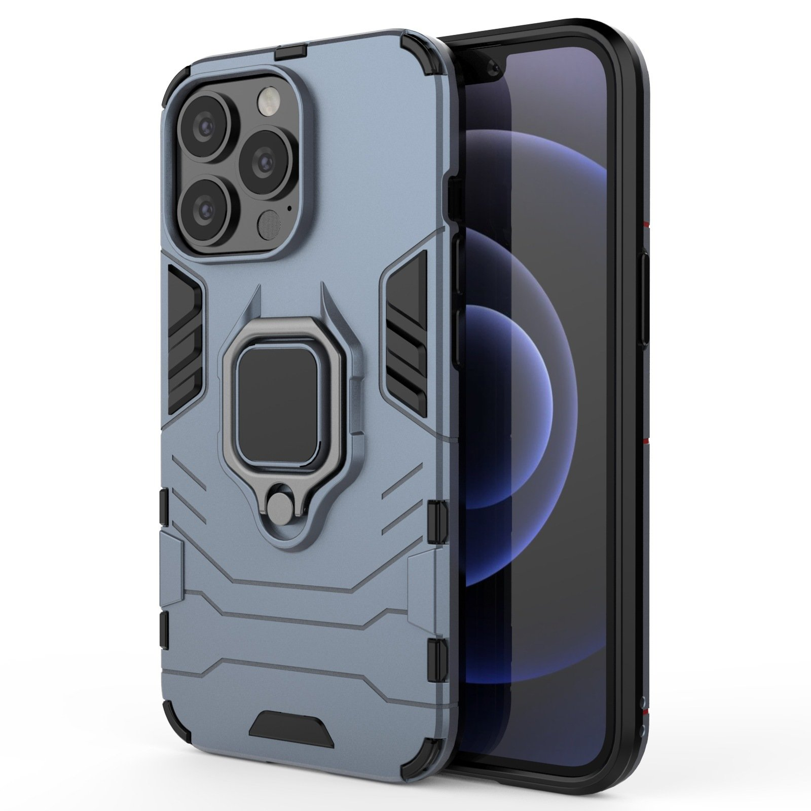Funda de teléfono azul con soporte de anillo. Teléfono dentro. Superficie y fondo oscuros.