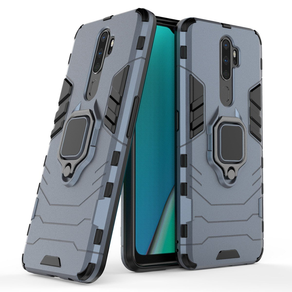 Funda gris para teléfono con soporte para anillos. Hay un teléfono dentro.
