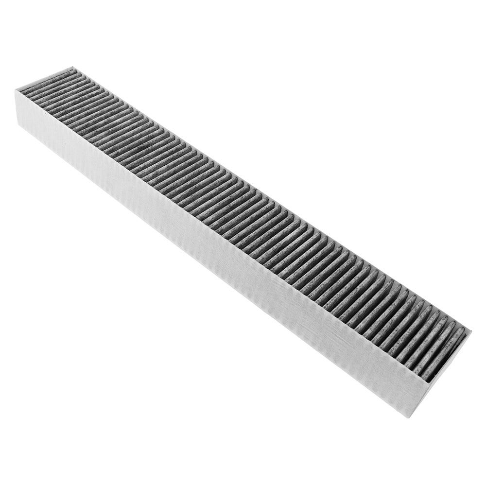 Un filtro dell'aria con linee grigie verticali, una cornice bianca e un interno grigio chiaro, inclinato su sfondo bianco.