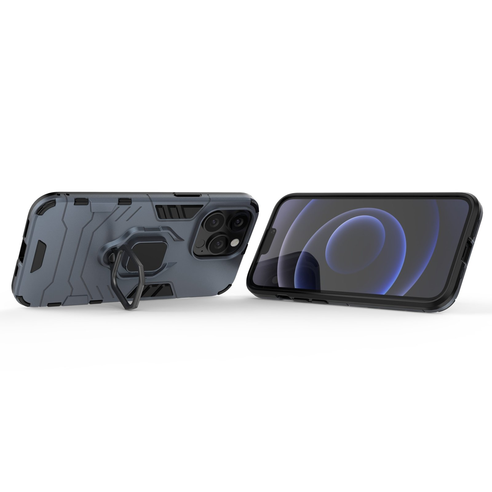 Se muestran dos fundas de teléfono; una está en ángulo, la otra muestra la pantalla. Ambas son gris oscuro.