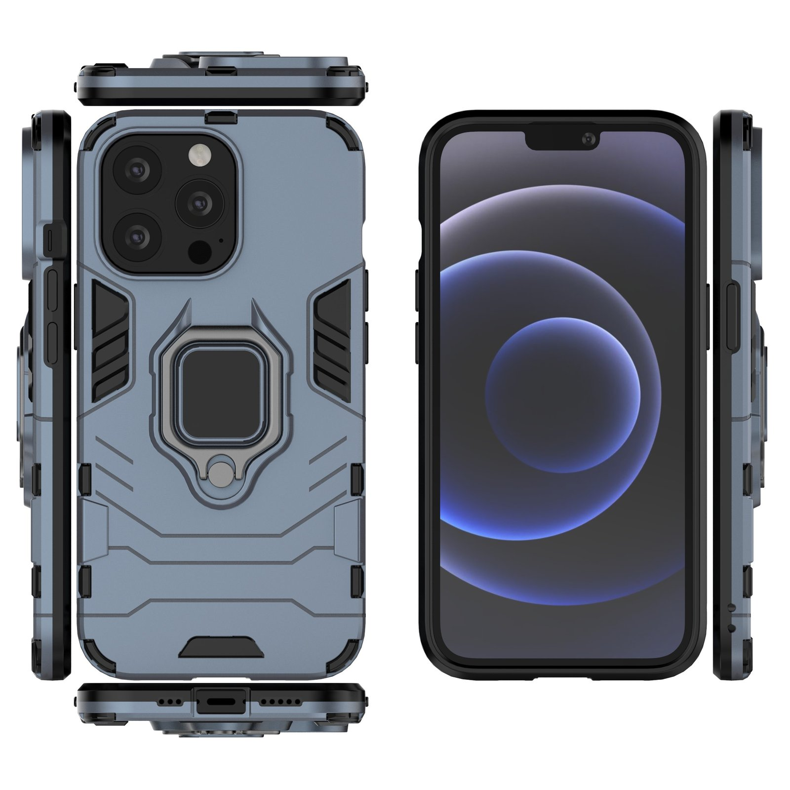 Fundas de teléfono azules con soportes de anillo y un teléfono que muestra una pantalla, todo sobre fondo blanco.