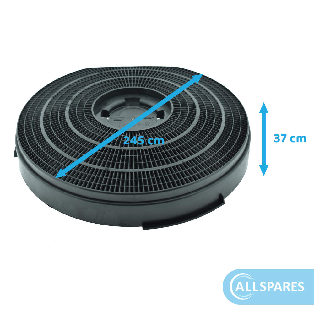 Filtro a carbone nero rotondo con misure. Frecce blu indicano le dimensioni.