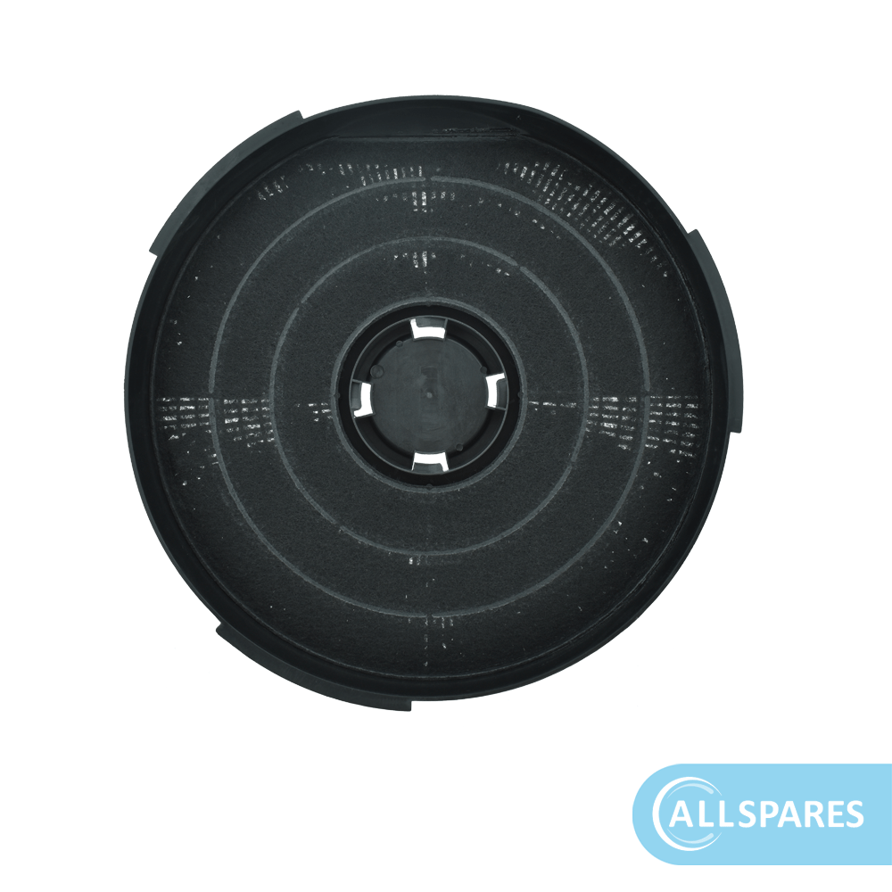 Filtro a carbone nero con design circolare e materiale filtrante visibile.