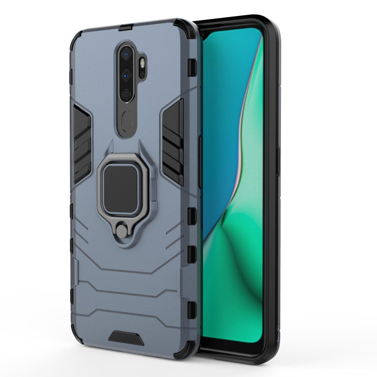 Funda gris con soporte de anillo. Pantalla visible. Fondo blanco.