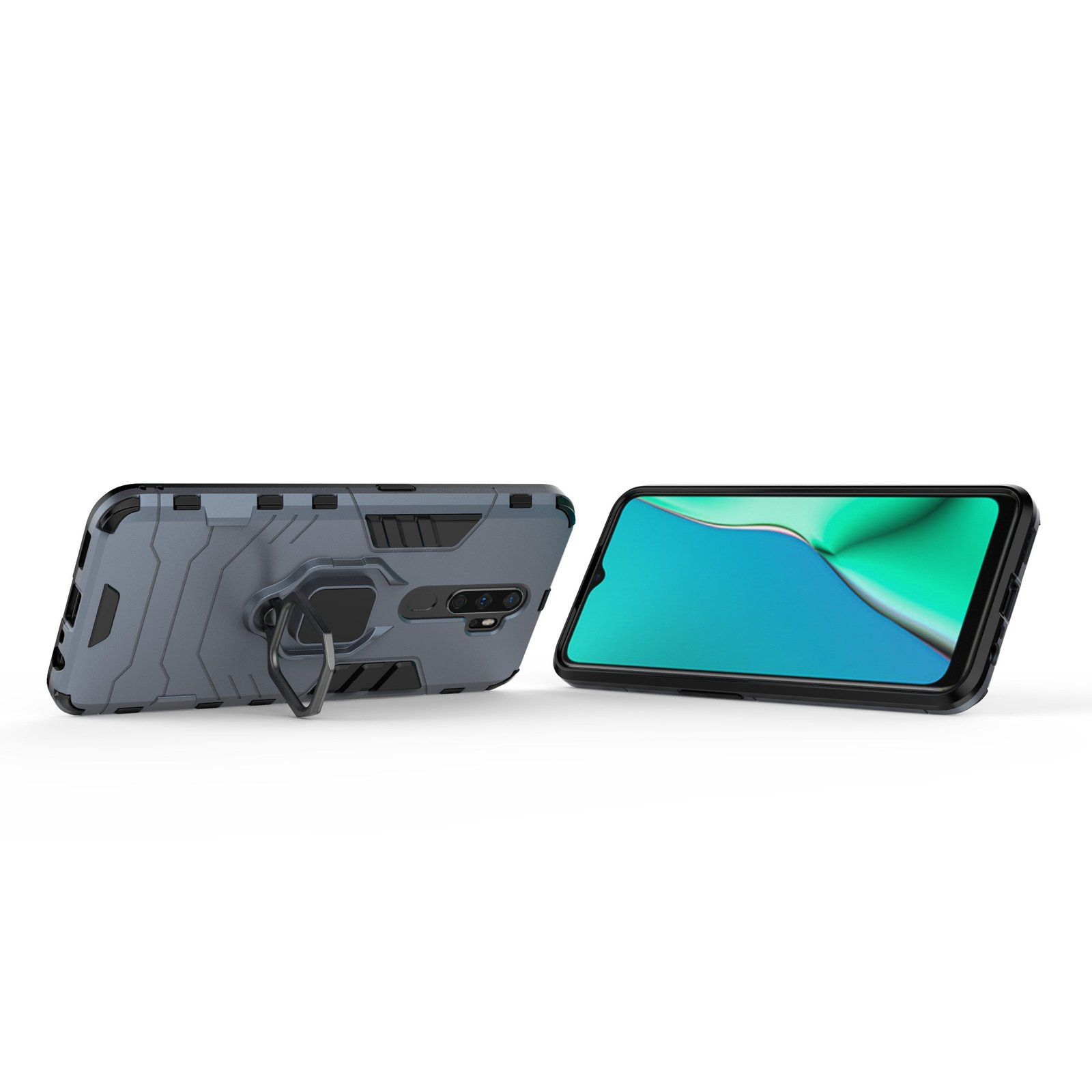 Funda gris con soporte de anillo, pantalla del teléfono a un lado, sobre fondo blanco.