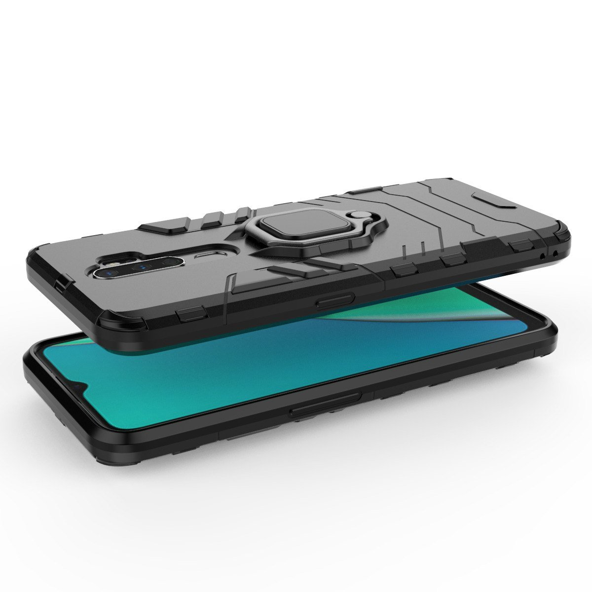 Funda de teléfono negra, dos partes, con soporte de anillo. La parte superior está separada.