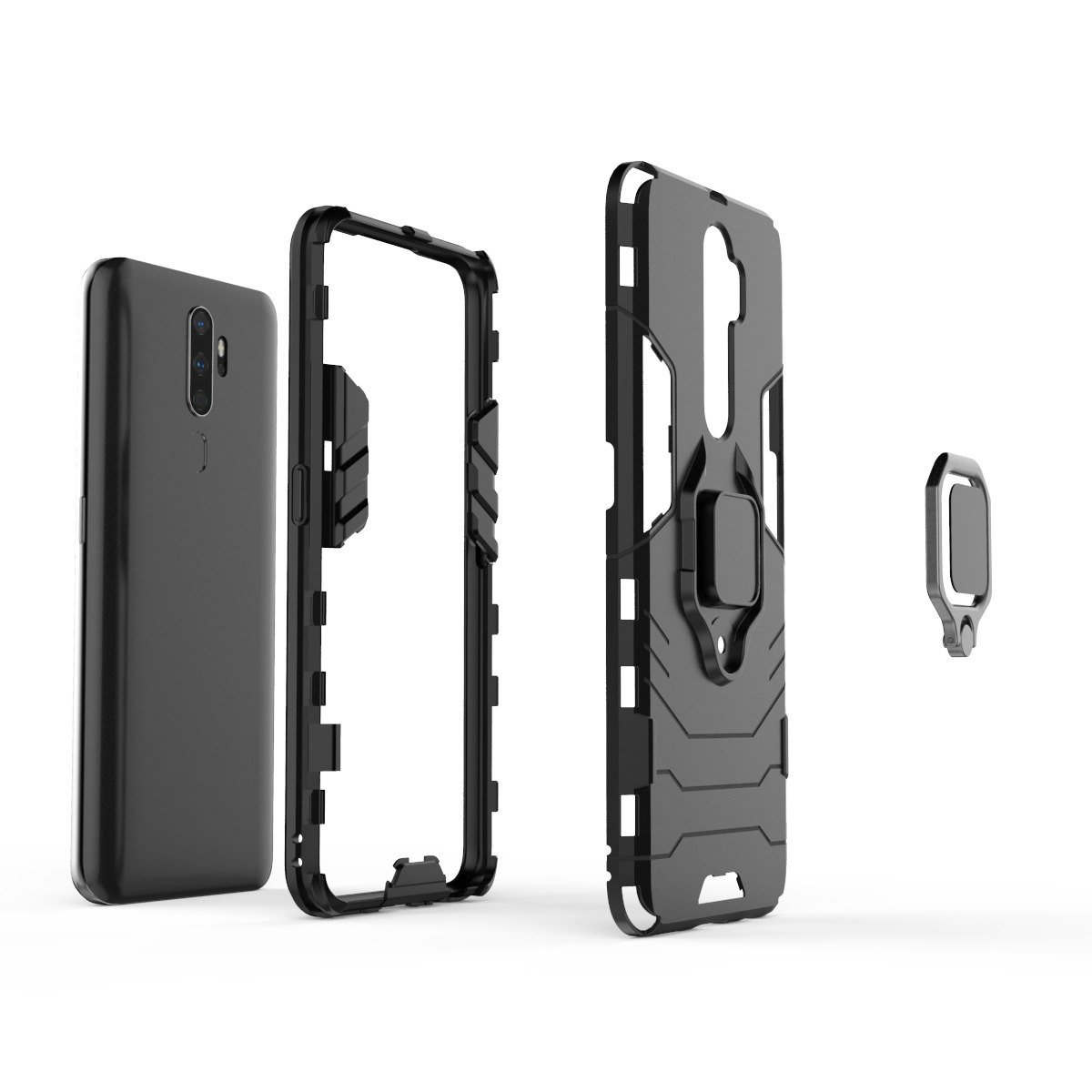 Partes de funda negra para teléfono: teléfono, marco, tapa trasera y soporte de anillo. Fondo blanco.