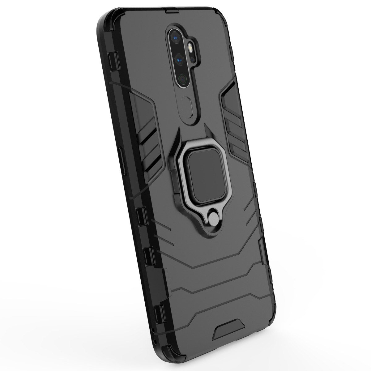 Funda de teléfono negra con soporte de anillo. La funda tiene un diseño robusto.