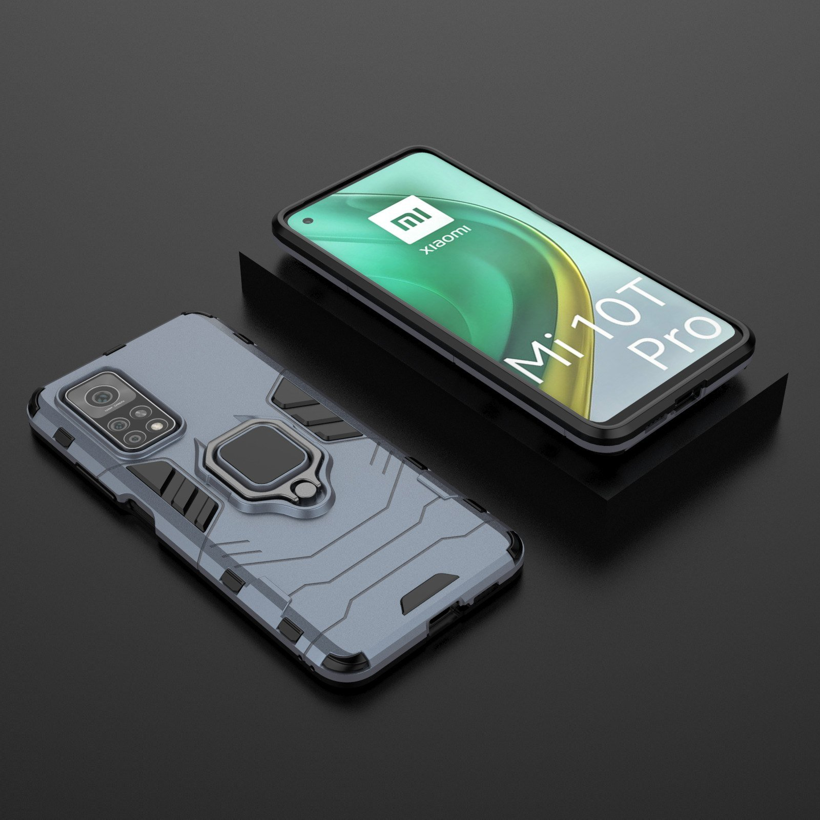 Se muestran dos fundas para teléfono. Una funda está en un teléfono. Texto: 'Xiaomi Mi 10T Pro'. Grises.