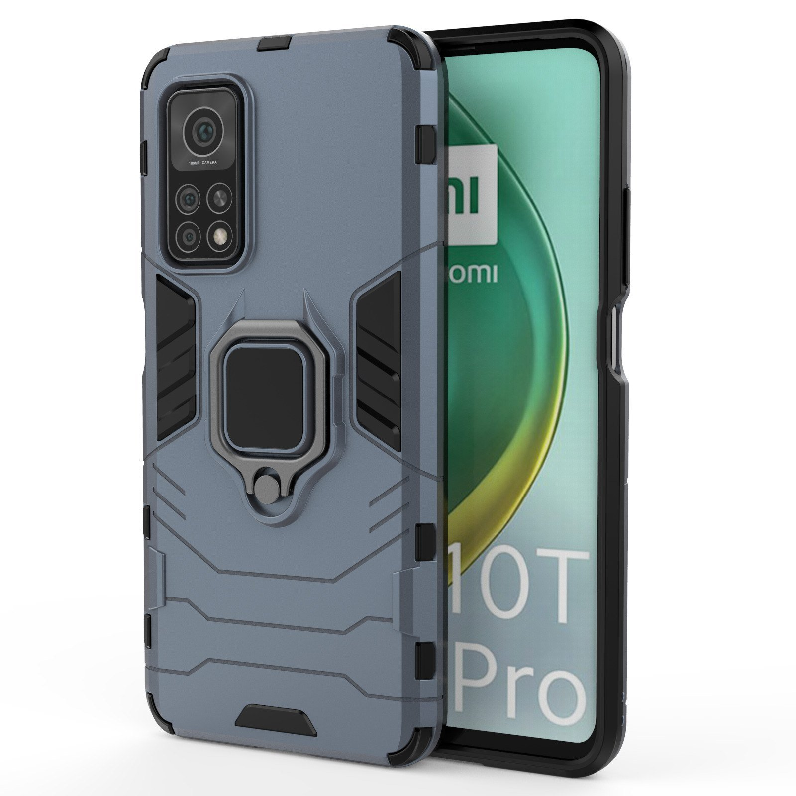 Una funda gris para teléfono con soporte de anillo y un teléfono con pantalla negra, que muestra un logotipo 'mi' blanco.