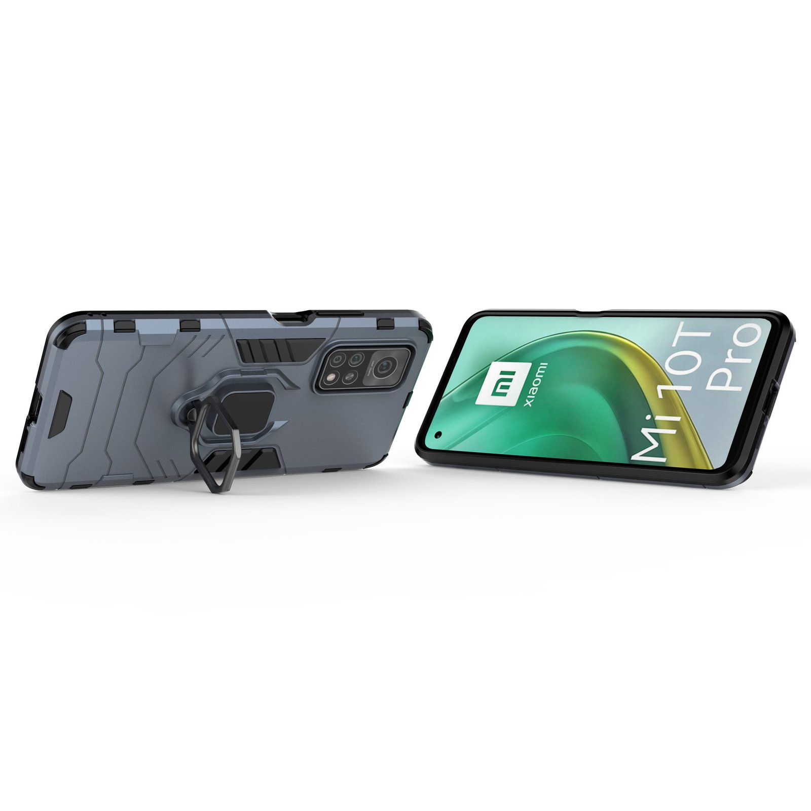 Teléfono con funda y pantalla. Funda gris con soporte de anillo. Pantalla muestra logo Mi 10T Pro.