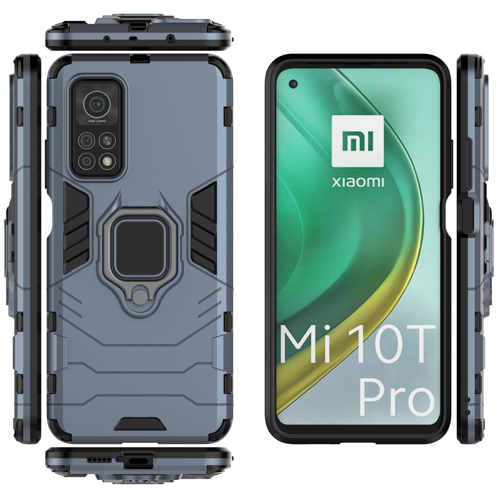 Funda azul con anillo y teléfono Xiaomi mostrando el logo Mi 10T Pro.