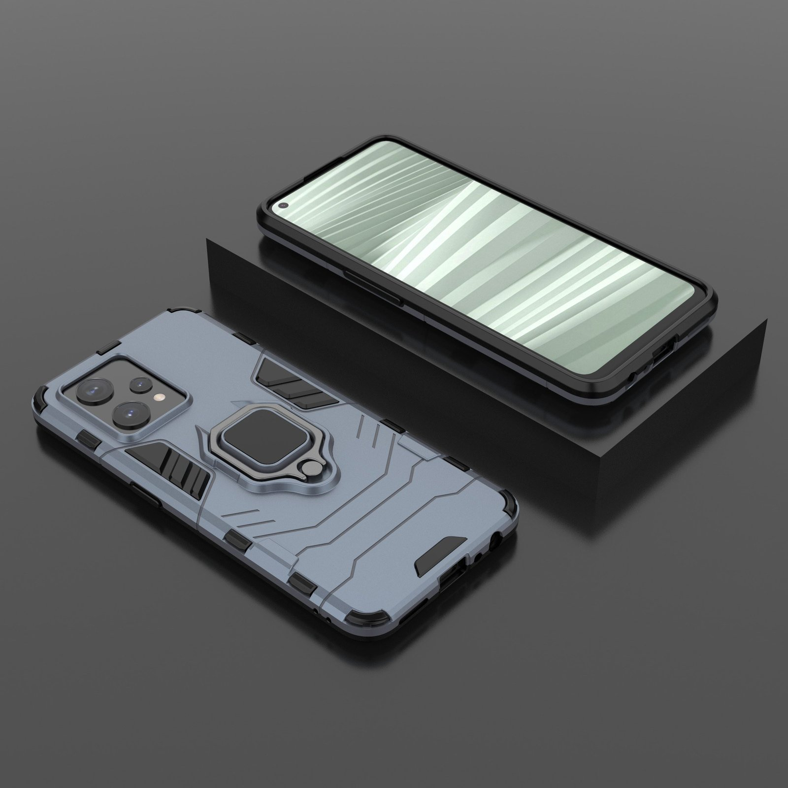 Funda azul claro con soporte de anillo y teléfono sobre una superficie negra. Fondo negro.