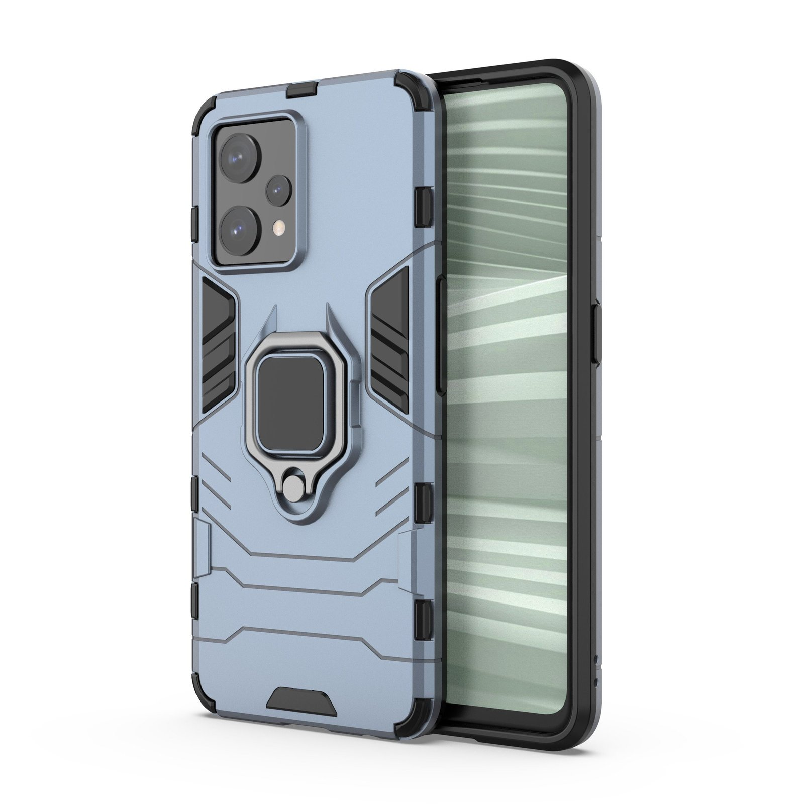 Funda azul para teléfono con soporte de anillo y pantalla del teléfono. Varios ángulos mostrados.