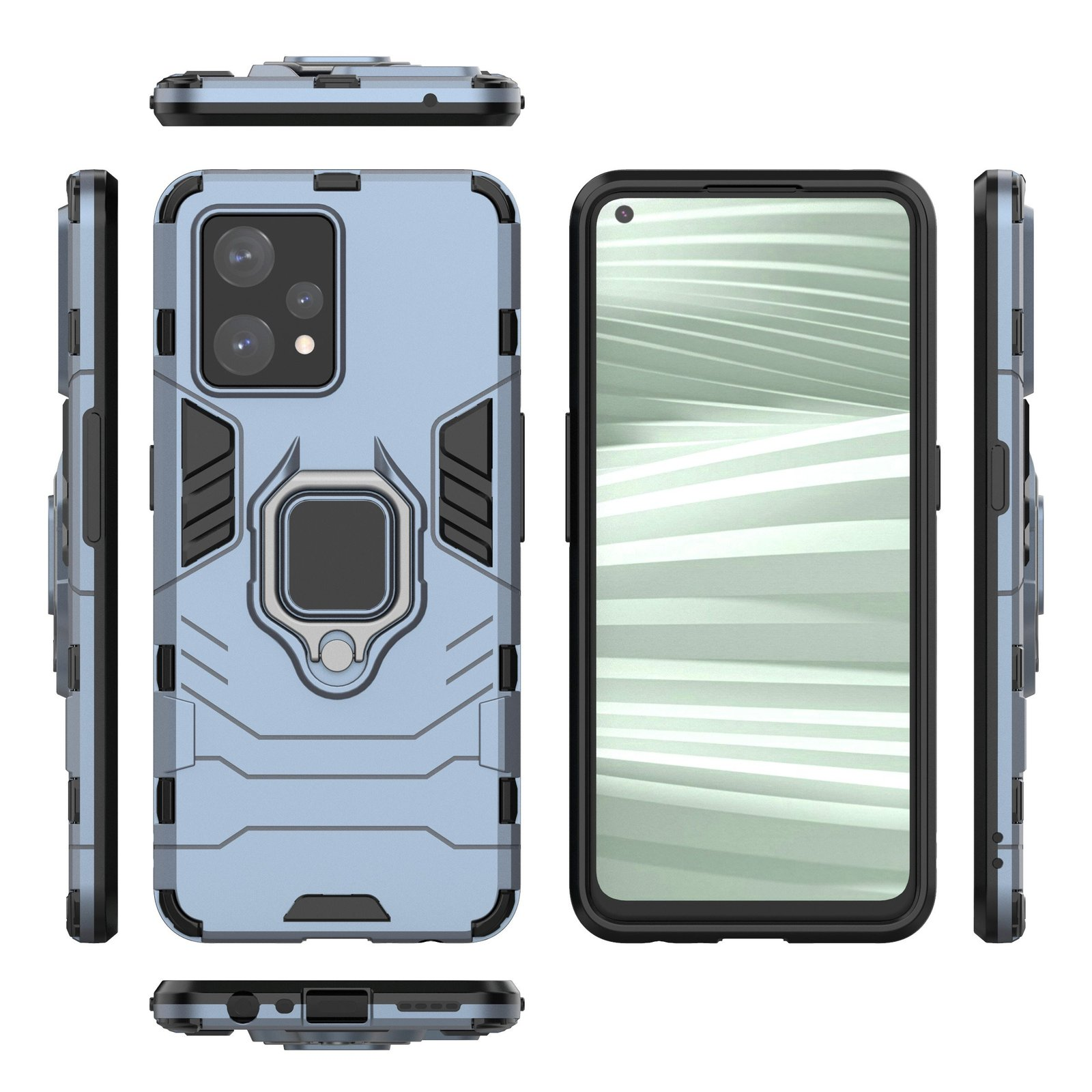 Funda azul con detalles negros y anillo. El teléfono está a la derecha. Se muestran múltiples vistas.
