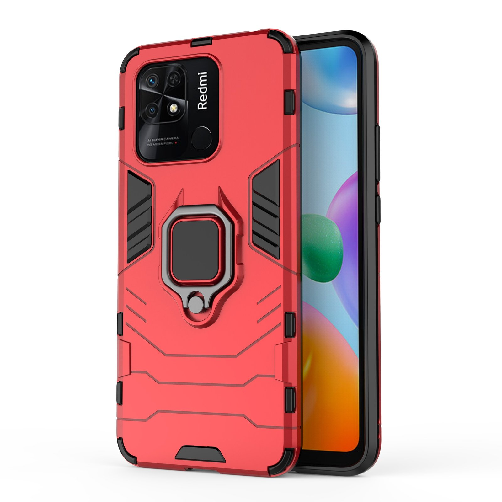 Funda roja para teléfono con un anillo. Teléfono en pantalla. Fondo blanco.