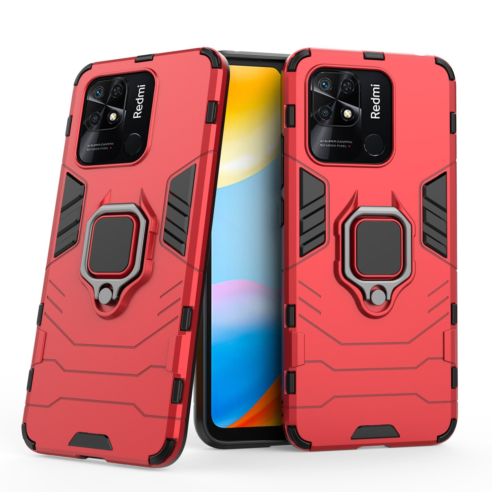 Dos fundas de teléfono rojas con teléfonos. Las fundas tienen soportes de anillo y recortes para la cámara. Los teléfonos muestran la marca.
