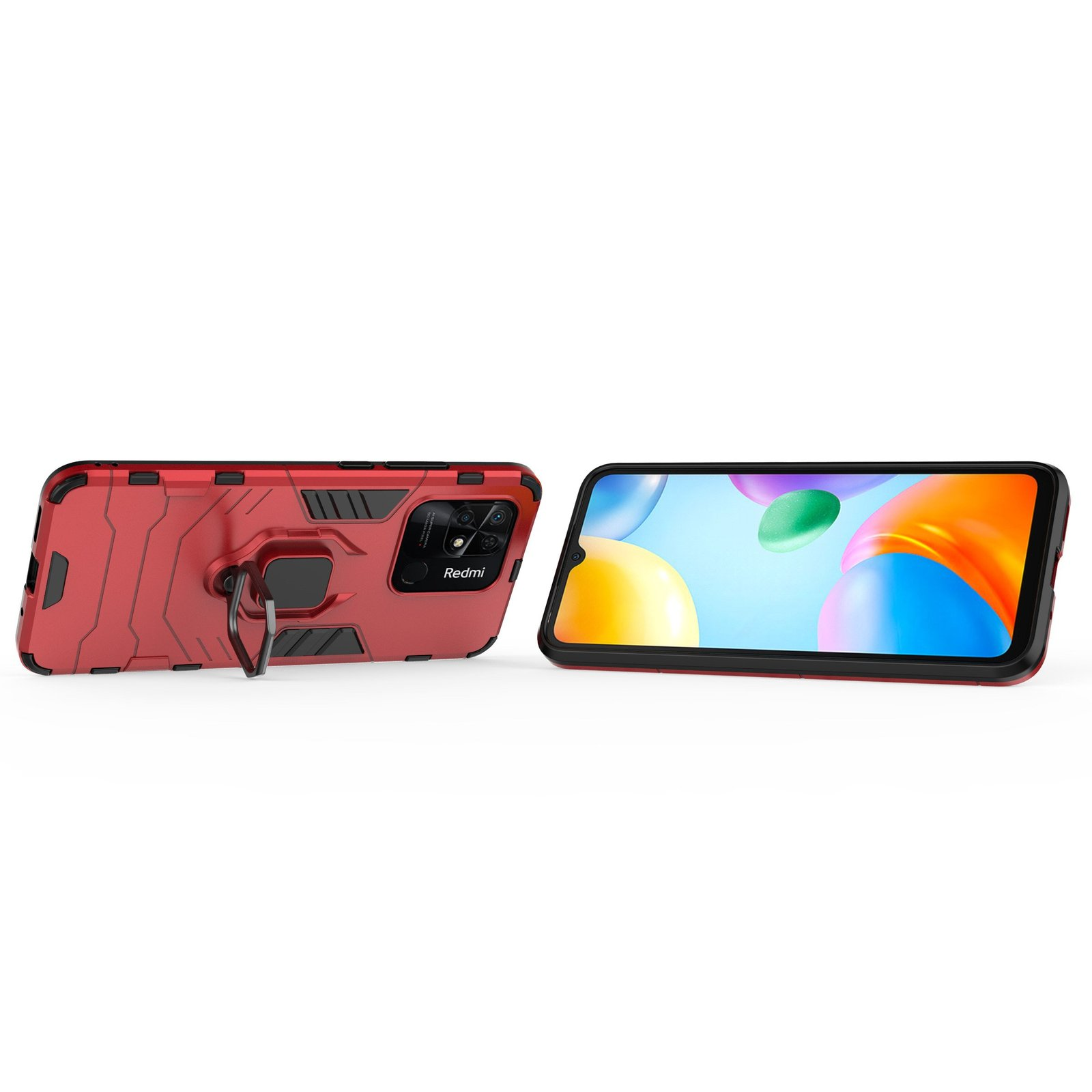 Funda roja con anillo y teléfono Redmi con pantalla colorida.
