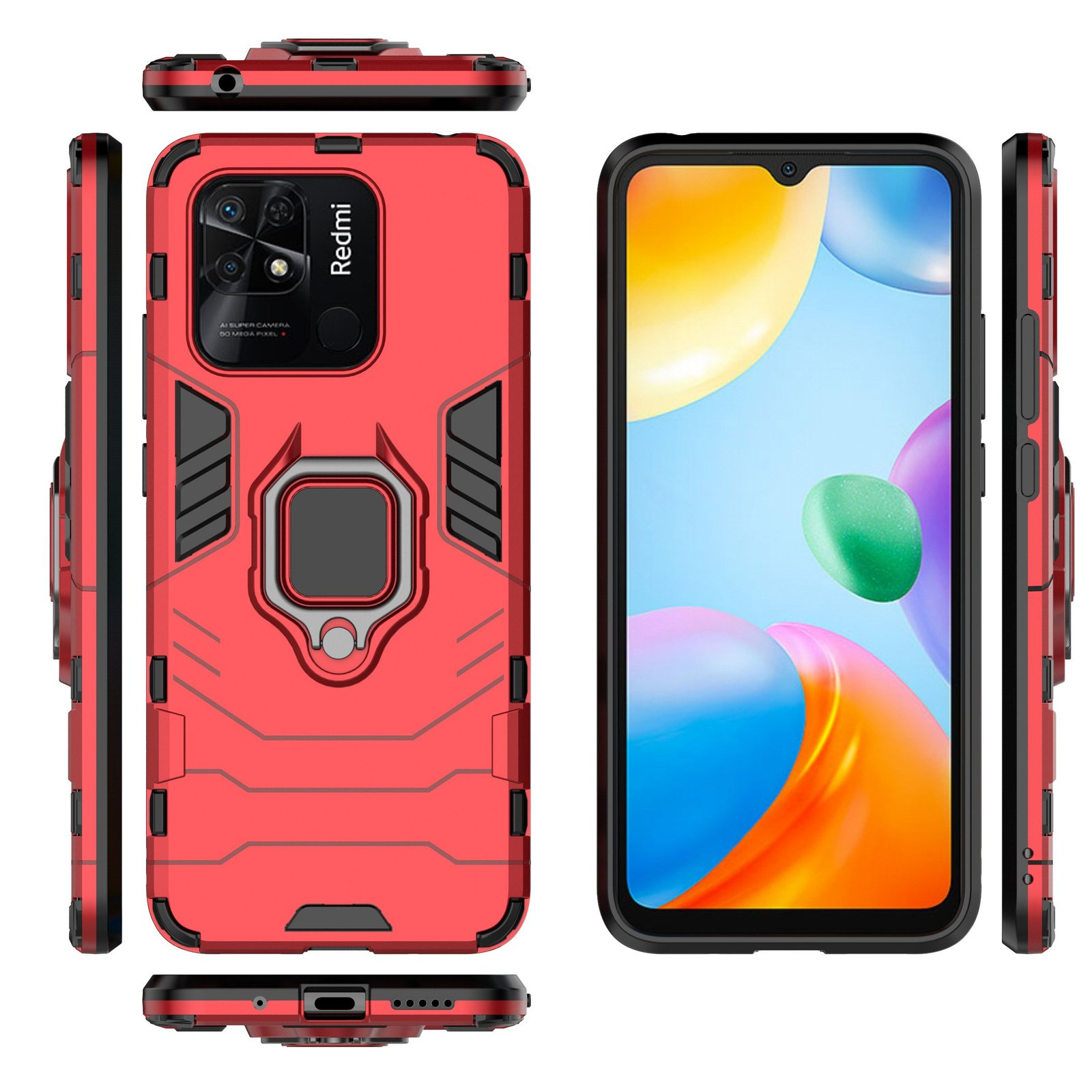 Una funda roja para teléfono con soporte de anillo. El teléfono muestra una interfaz de aplicación colorida.