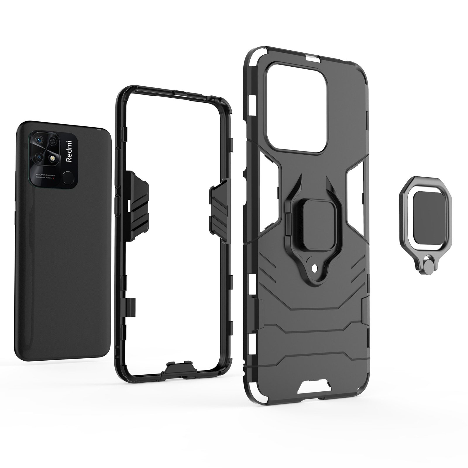 Componentes de funda de teléfono negra, desmontados, con un teléfono Redmi.