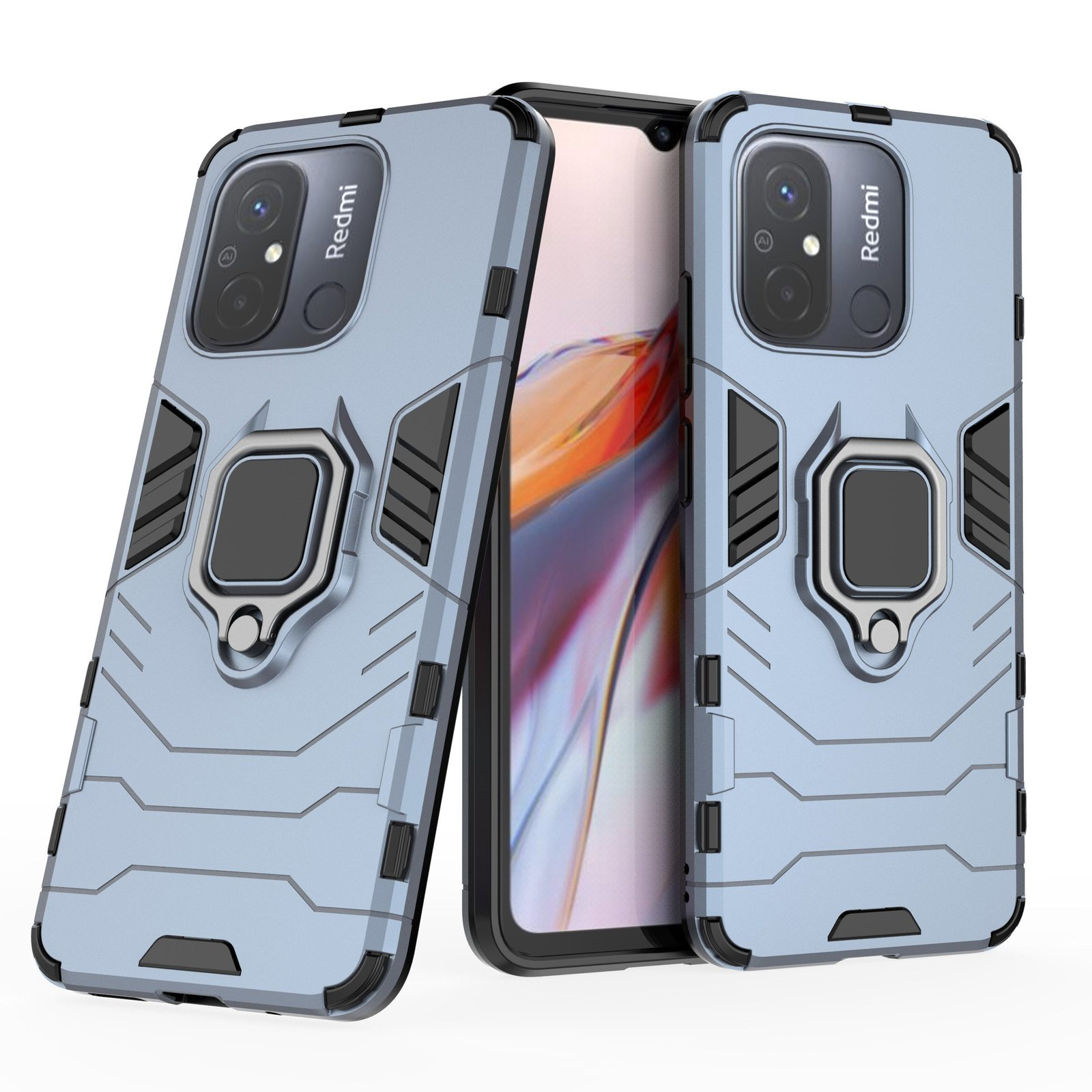 Funda azul claro para teléfono con soporte de anillo y un teléfono. Fondo blanco.