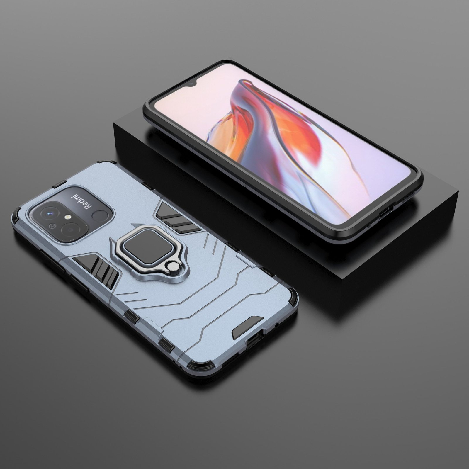 Funda azul claro con soporte de anillo y teléfono sobre superficie negra.